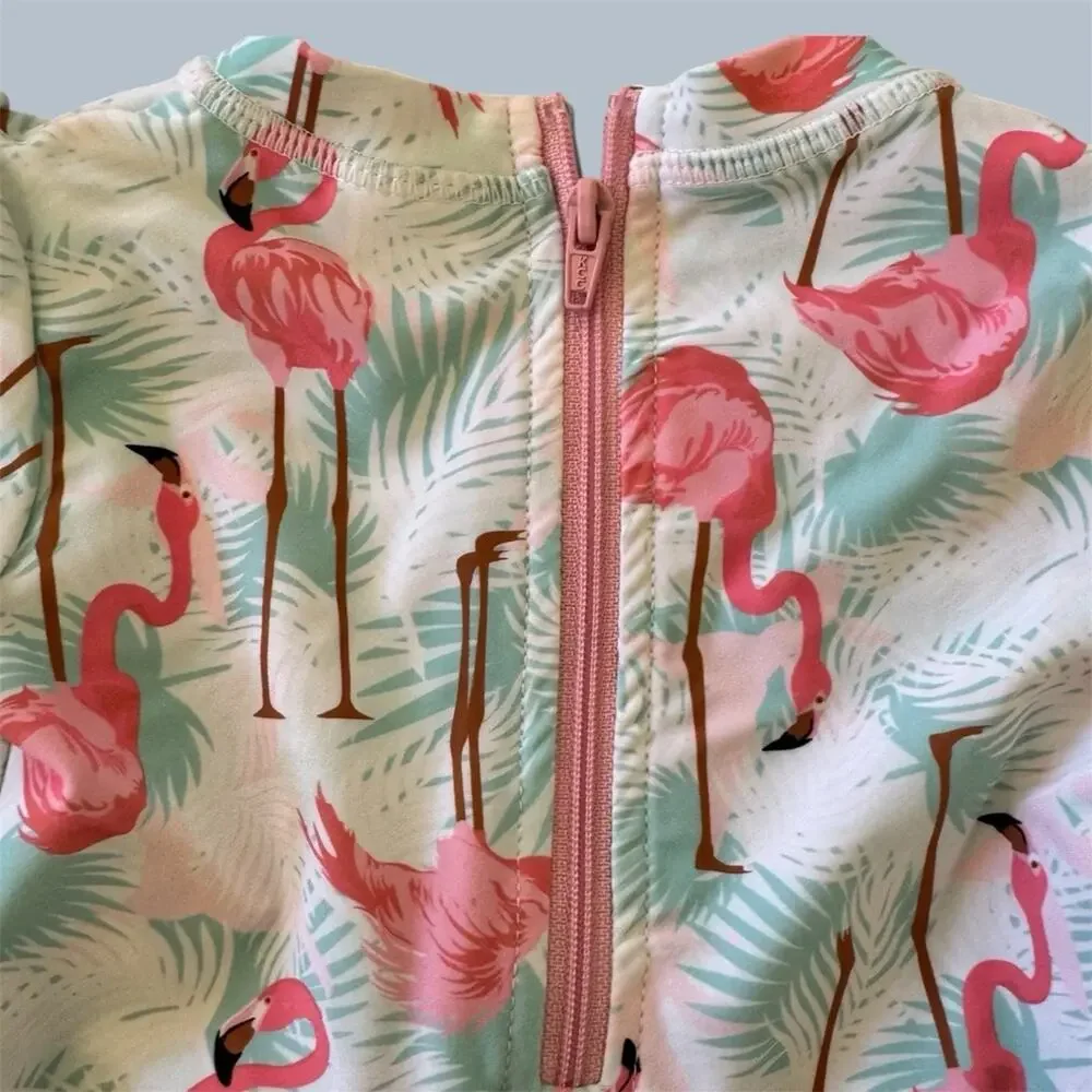 Ruffle Butts Kids Flamingo Print One Piece Rash Guard Swimwear Size 12-18 M